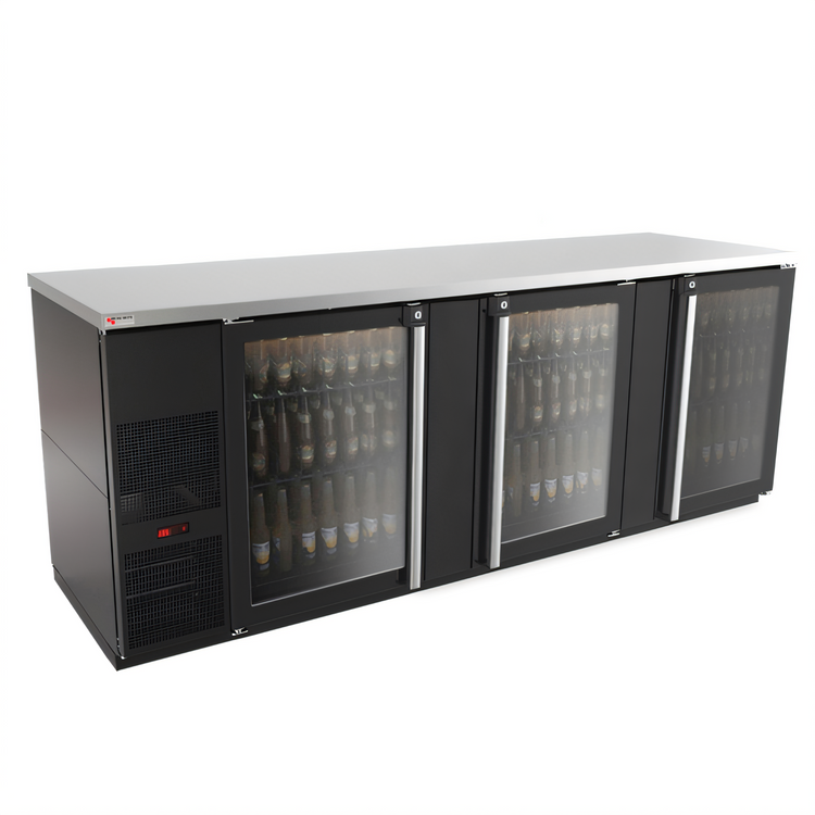 Product image #1 for Pro-Line E-Series Three-Section Refrigerated Back Bar Cooler with Glass Doors, 95-1/2 Inch, Black