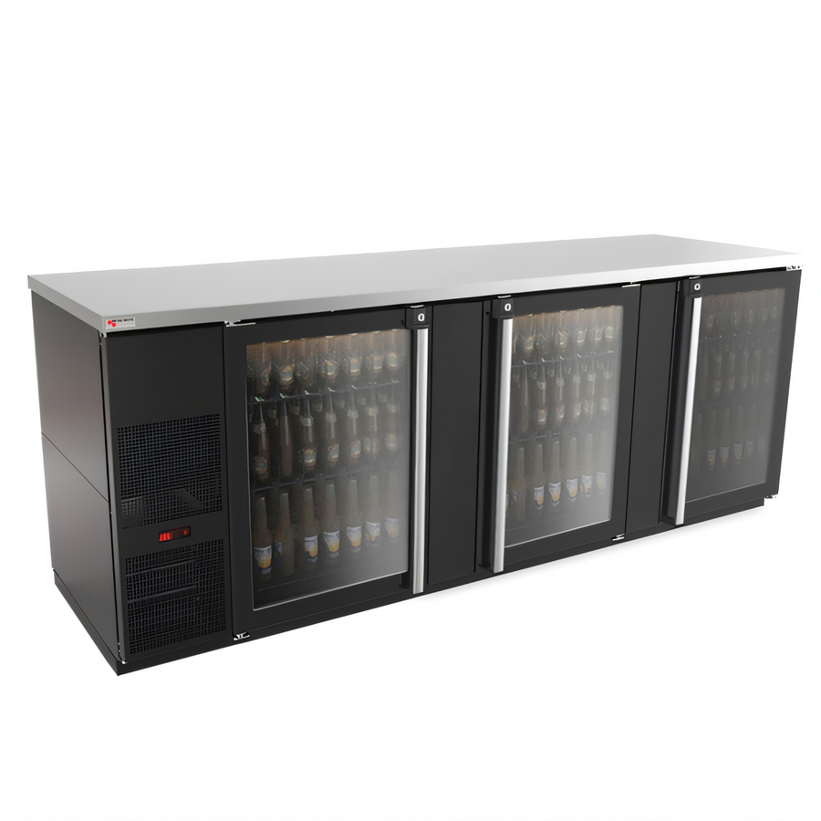 Product image #1 for Pro-Line E-Series Three-Section Refrigerated Back Bar Cooler with Glass Doors, 95-1/2 Inch, Black