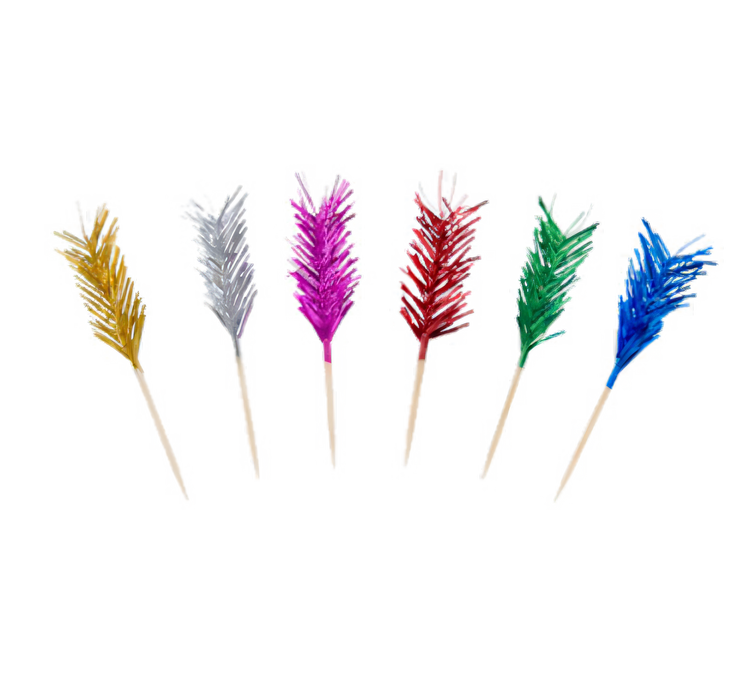 Product image #1 for 6-1/4 Inch Curly Foil Frill Top Cocktail and Food Picks with Wooden Stem, Assorted Colors, 100 Picks per Pack, 100 Packs per Case