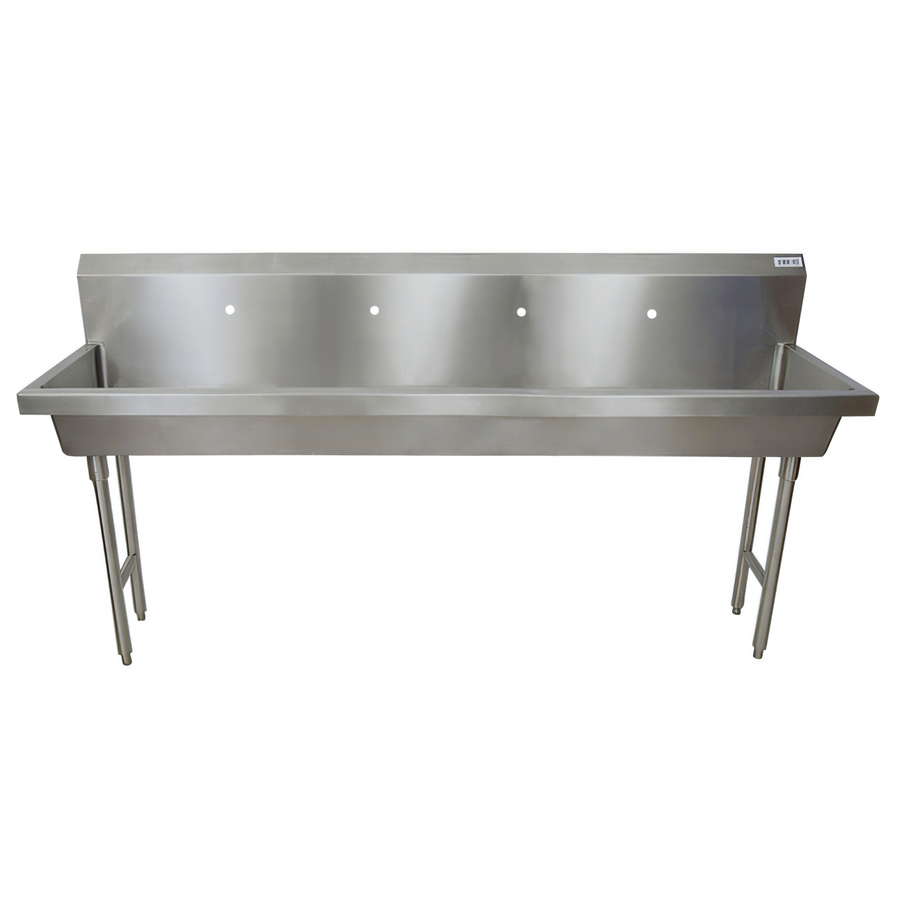 Product image #1 for BK Resources Four-Station Freestanding Hand Wash Sink with 4 Faucet Holes, 96-Inch Stainless Steel