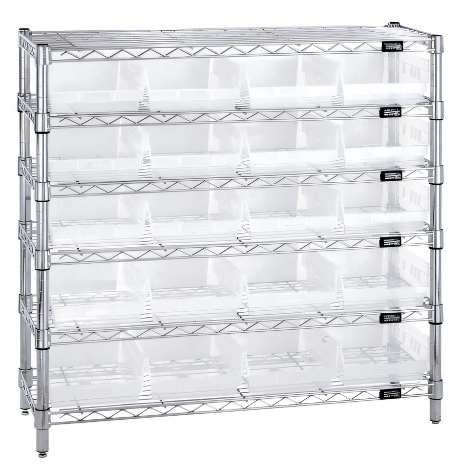 Product image #1 for Quantum Chrome-Plated Stationary Wire Shelving Bin Storage System with 6 Shelves and 20 Clear Bins