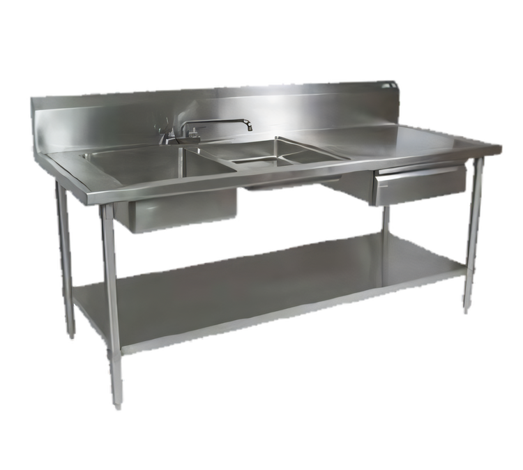 Product image #1 for John Boos 72-Inch Stainless Steel 2-Compartment Prep Table Sink with Left-End Sinks, 10-Inch Backsplash, Drawer, and Cutting Board