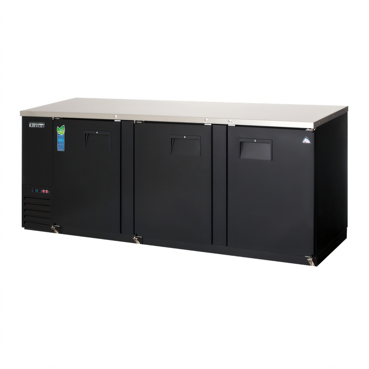 Product image #1 for Everest Refrigeration EBB90 Three-Section Back Bar Refrigerator, 89-1/4 Inch Wide, 32 Cu. Ft., Black Vinyl