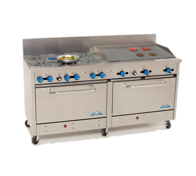 Product image #1 for Comstock-Castle 72-Inch Commercial Gas Range with 6 Star Burners, 36-Inch Char-Broiler, and 2 Extra-Wide Ovens