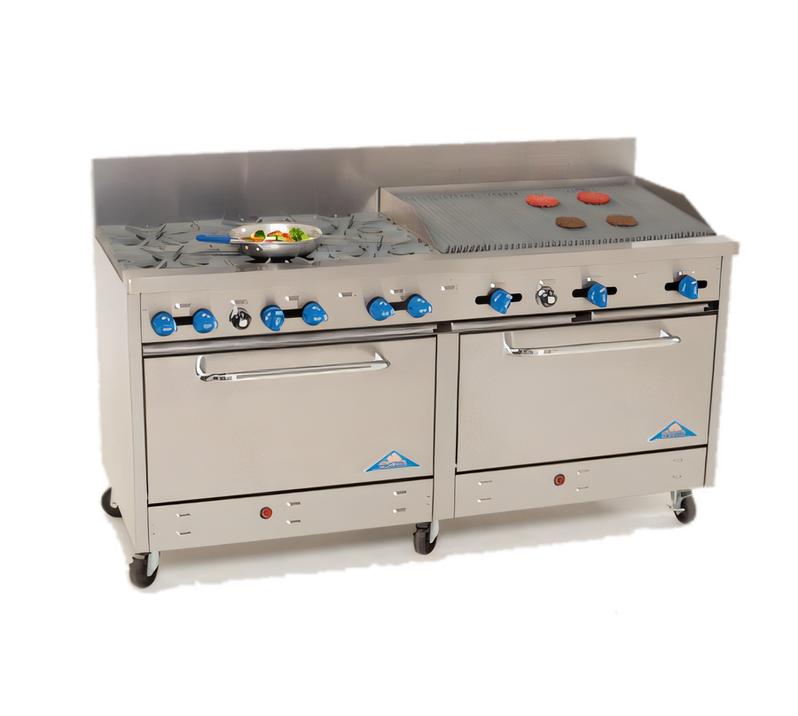 Product image #1 for Comstock-Castle 72-Inch Commercial Gas Range with 6 Star Burners, 36-Inch Char-Broiler, and 2 Extra-Wide Ovens