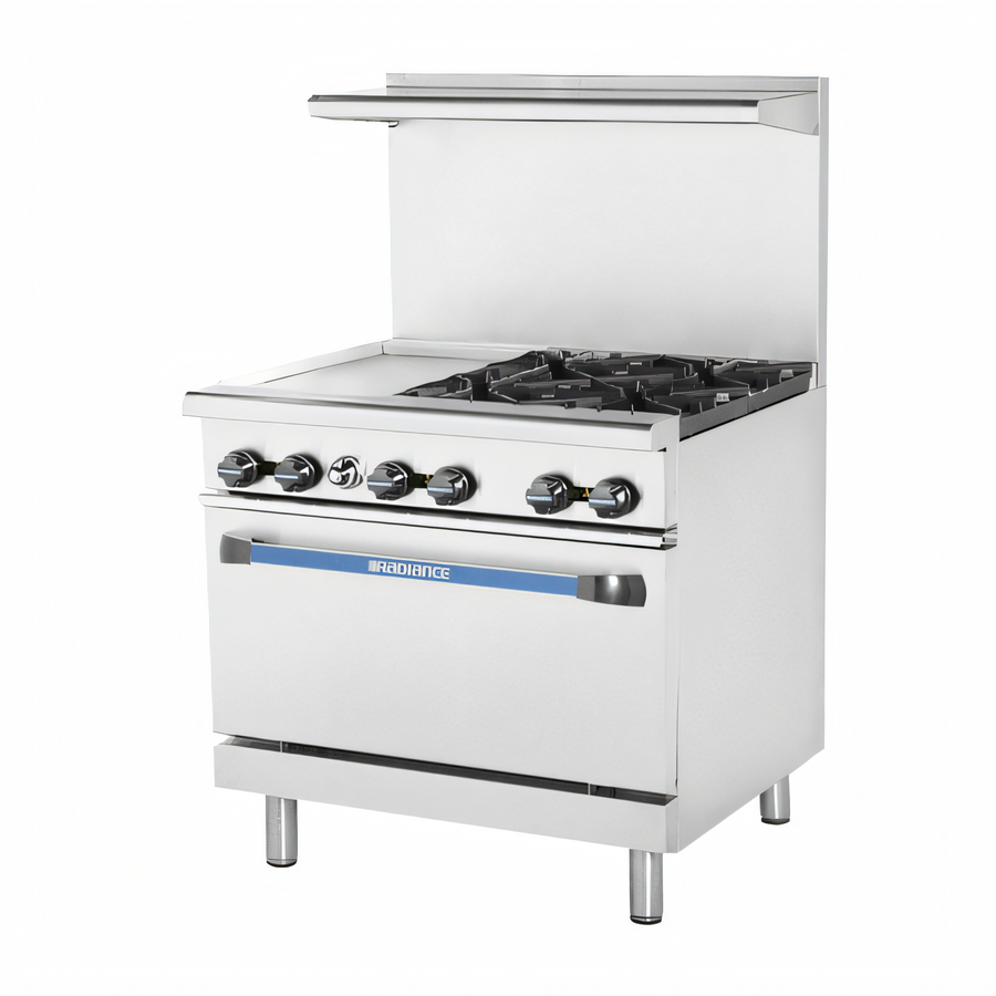Product image #1 for Radiance 36-Inch Heavy Duty Commercial Gas Combination Range with 4 Open Burners, 12-Inch Griddle and Standard Oven