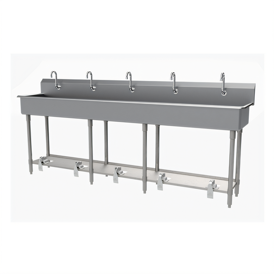 Product image #1 for Advance Tabco FS-FM-100FV 5-Station Freestanding Multiwash Hand Sink, 14-Gauge 304 Stainless Steel, Toe-Push Operated