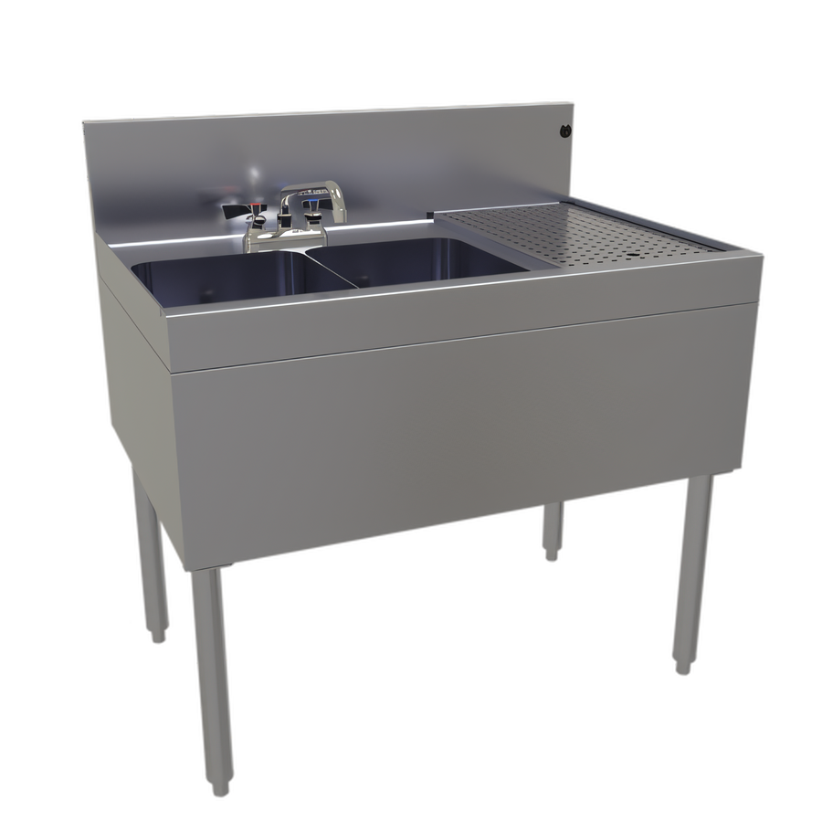 Product image #1 for Glastender Two-Compartment Underbar Sink Unit with Right Drainboard and Deck-Mount Faucet, 36 Inch Wide
