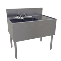 Glastender Two-Compartment Underbar Sink Unit with Right Drainboard and Deck-Mount Faucet, 36 Inch Wide
