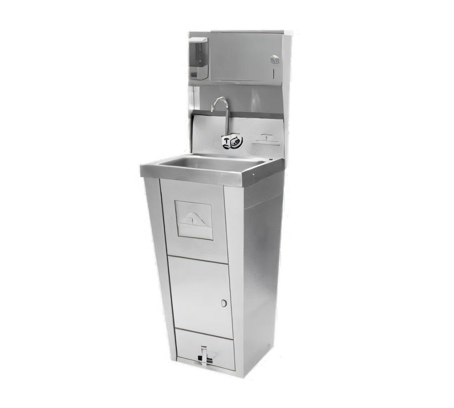 Product image #1 for Advance Tabco Pedestal-Mounted Hand Sink with 14 x 10 x 5 Inch Bowl, Faucet, Soap and Paper Towel Dispenser, Pedal Valves, Trash Receptacle and Cabinet Storage