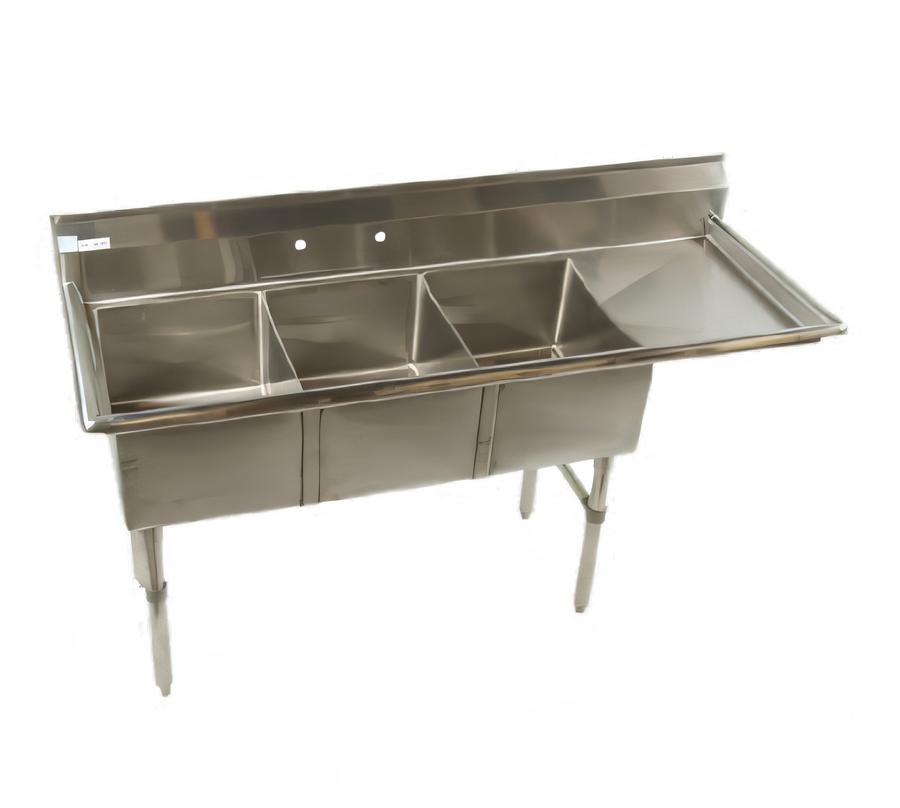 Product image #1 for Economy Three-Compartment Stainless Steel Sink with Right Drainboard, 68-1/2" W x 25-1/2" D x 41" H