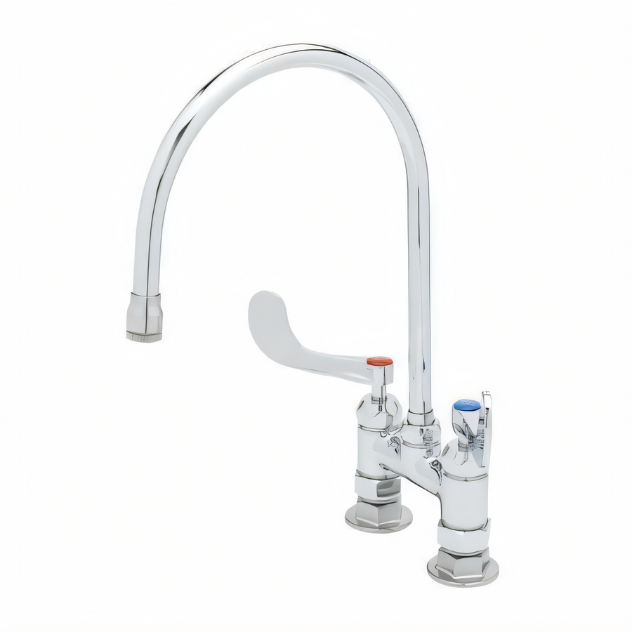 Product image #1 for T&S Brass Double Pantry Deck-Mount Mixing Faucet with 7 3/4-Inch Swivel/Rigid Gooseneck, 4-Inch Adjustable Centers, Polished Chrome-Plated Brass