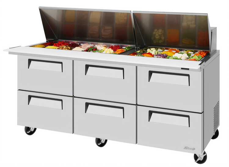 Product image #1 for Turbo Air Super Deluxe Three-Section Sandwich/Salad Mega Top Refrigerated Prep Table with 6 Drawers and 30-Pan Opening