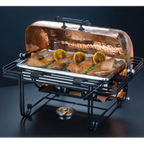 Thumbnail image #1 for American Metalcraft Mesa MESA72C 8 Qt Rectangular Hammered Copper Roll-Top Chafer with Food Pan, Water Pan, Fuel Holders and Spoon Rest
