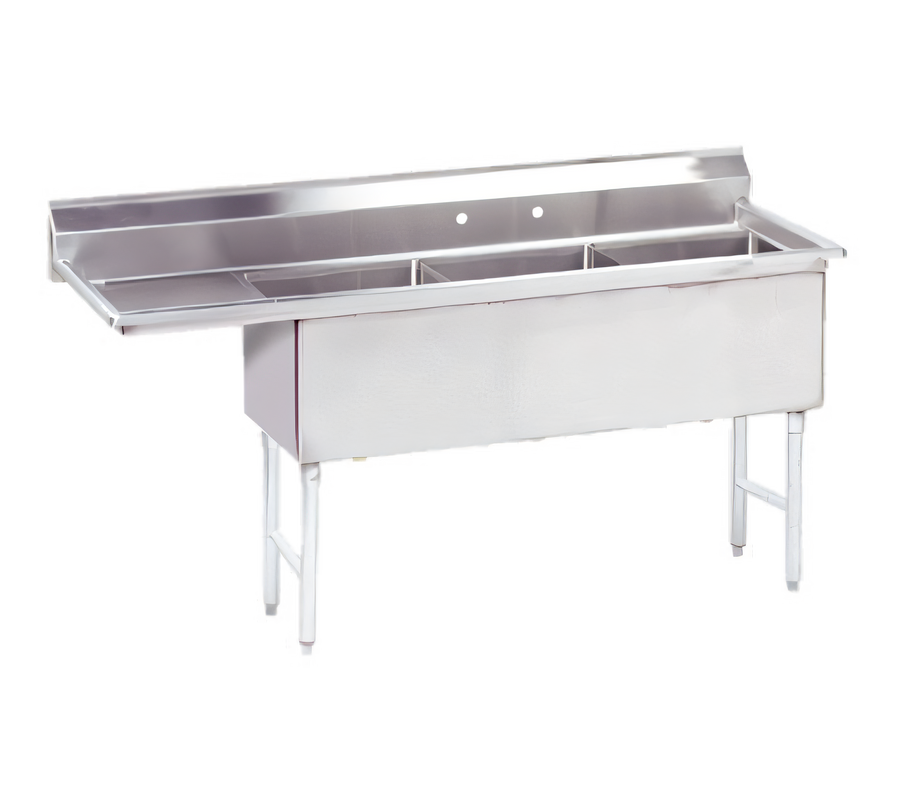 Product image #1 for 3-Compartment Fabricated Sink with 18-Inch Left Drainboard, 68-1/2 x 26 Inch, 14-Gauge 304 Stainless Steel