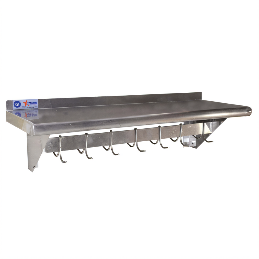 Product image #1 for Omcan Stainless Steel Wall-Mounted Pot Rack Shelf with 7 Hooks, 12 x 36 Inches