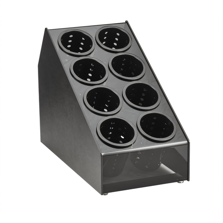 Product image #1 for Vollrath Countertop Flatware Holder Organizer with 8 Compartments and 8 Flatware Cylinders, Black ABS and Smoked Acrylic