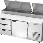 Thumbnail image #1 for Beverage Air DPD72HC-3 72-Inch Two-Section Pizza Top Refrigerated Prep Table with 3 Drawers, Door, and 19-Inch Cutting Board