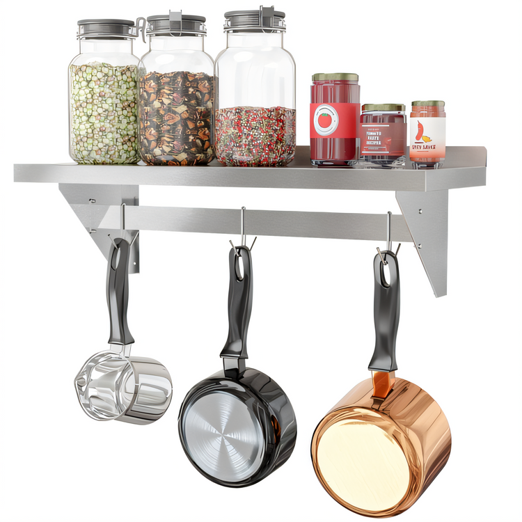 Product image #1 for KoolMore 36-Inch x 12-Inch Wall-Mounted Stainless Steel Wall Shelf with Pot Rack and 3 Hooks