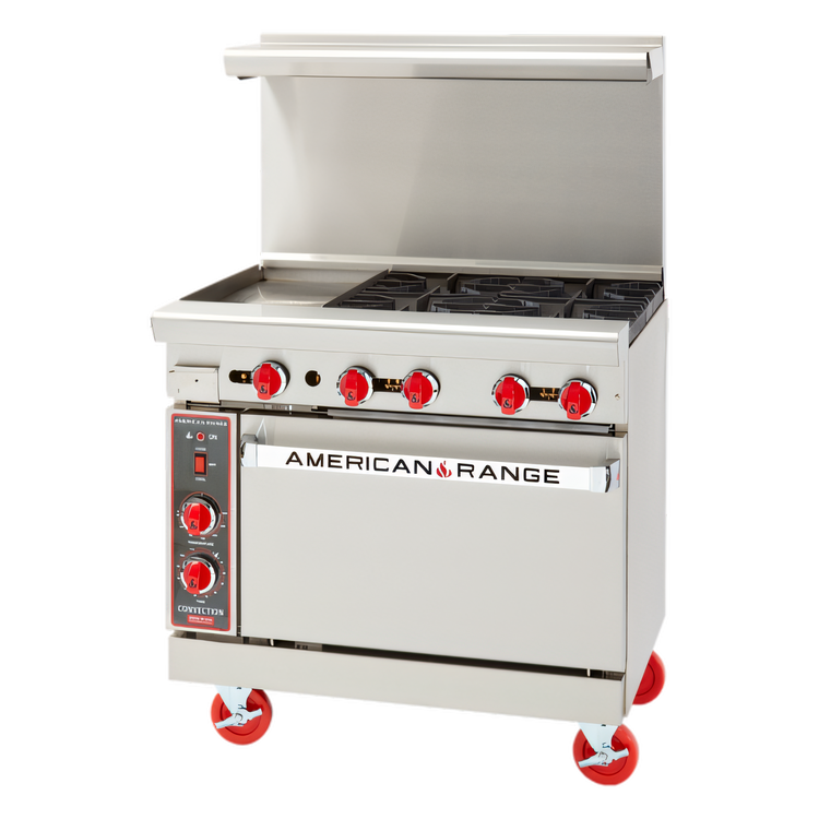 Product image #1 for American Range 36-Inch Commercial Gas Range with 12-Inch Left Griddle, 4 Open Burners, and Standard Oven