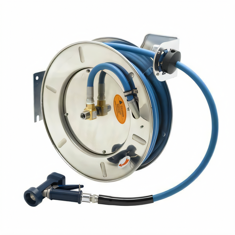 Product image #1 for T&S Brass Open Stainless Steel Retractable Hose Reel with 1/2 Inch x 50 Foot Hose and Rear Trigger Water Gun
