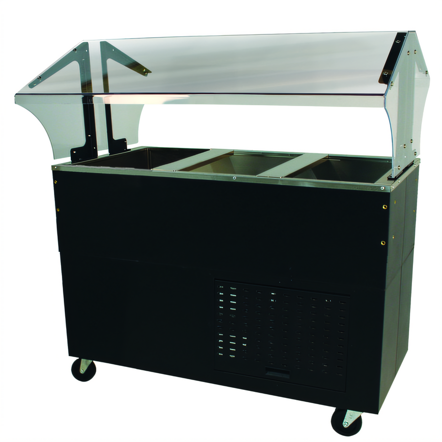 Product image #1 for Advance Tabco Mobile 3-Pan Serving Counter with Mechanically Assisted Cold Pan, Double-Sided Sneeze Guard, Stainless Steel Top, Black Vinyl Clad Exterior