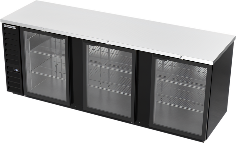 Product image #1 for Beverage-Air BB94HC-G-B Three-Section Glass-Door Back Bar Refrigerator, 94-Inch Wide, Black Exterior, Stainless Steel Top