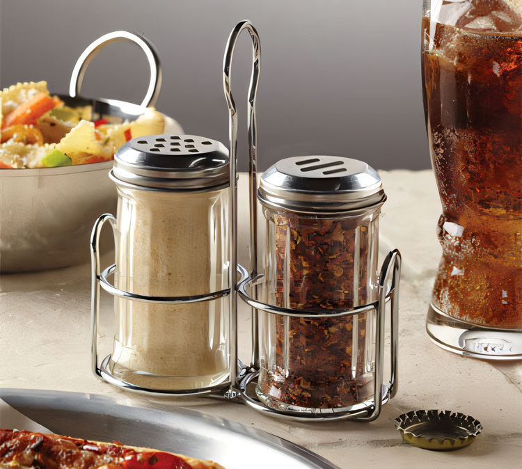 Product image #1 for Mini Glass Shaker Set with Stainless Steel Caddy and Cheese/Spice Lids