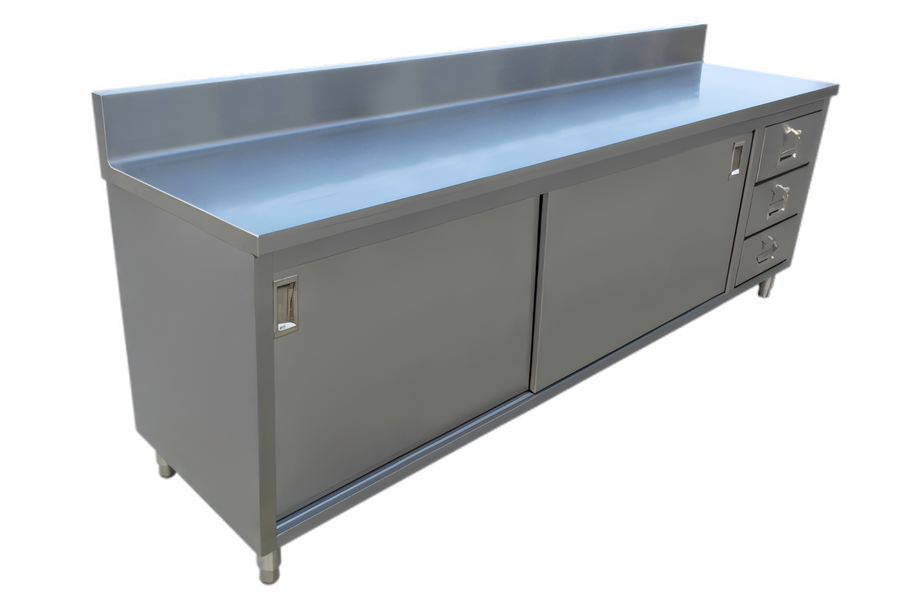 Product image #1 for 72-Inch Stainless Steel Enclosed Work Table with Sliding Doors, 3 Drawers, and 6-Inch Backsplash