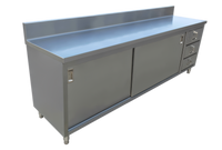 72-Inch Stainless Steel Enclosed Work Table with Sliding Doors, 3 Drawers, and 6-Inch Backsplash