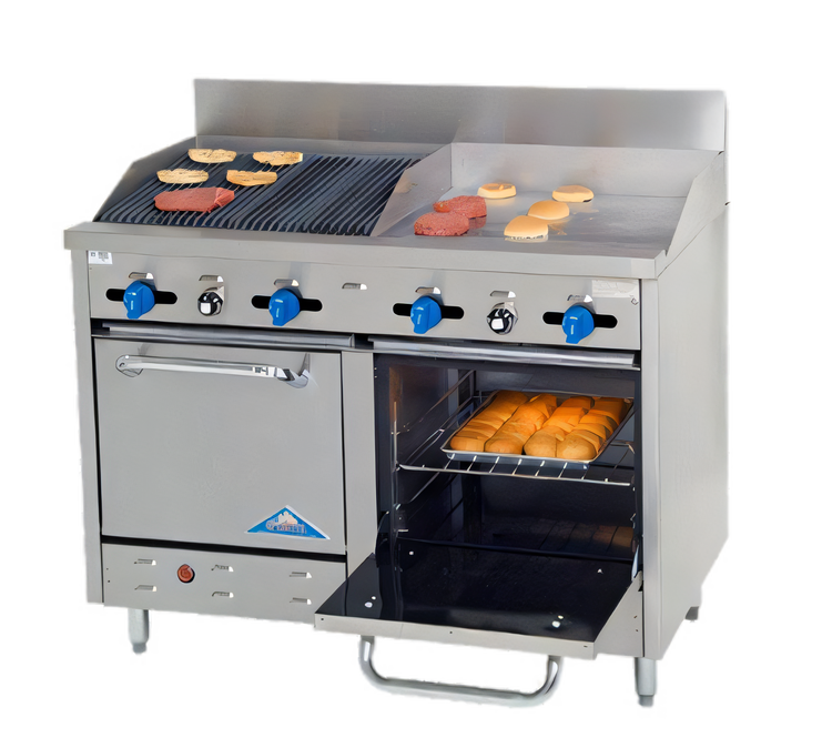 Product image #1 for Comstock-Castle 48-Inch Commercial Gas Char-Broiler Range with 24-Inch Griddle, 24-Inch Char-Broiler, and 2 Space-Saver Ovens