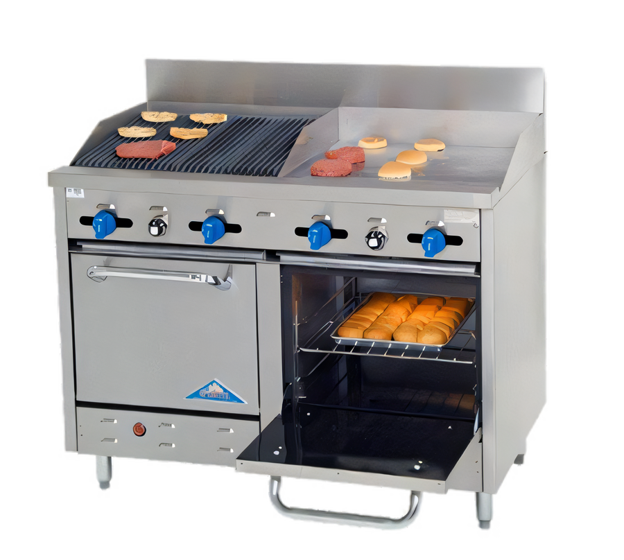 Product image #1 for Comstock-Castle 48-Inch Commercial Gas Char-Broiler Range with 24-Inch Griddle, 24-Inch Char-Broiler, and 2 Space-Saver Ovens