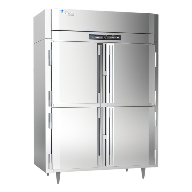 Product image #1 for Victory UltraSpec Extra Wide Dual-Temp Reach-In Warming Cabinet/Refrigerator, 2-Section, 4 Half-Height Doors, Stainless Steel