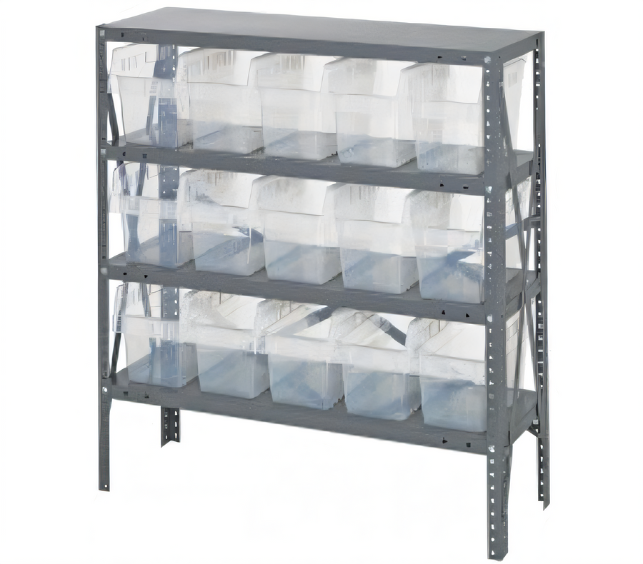 Product image #1 for Quantum Heavy-Duty Stationary Wire Shelving Unit with 4 Shelves and 15 Clear Bins, 36 x 12 x 39 Inches