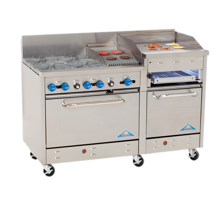 Product image #1 for Comstock-Castle 60-Inch Commercial Gas Range with 2 Open Burners, 24-Inch Raised Griddle, 24-Inch Char-Broiler, and 2 Standard Ovens