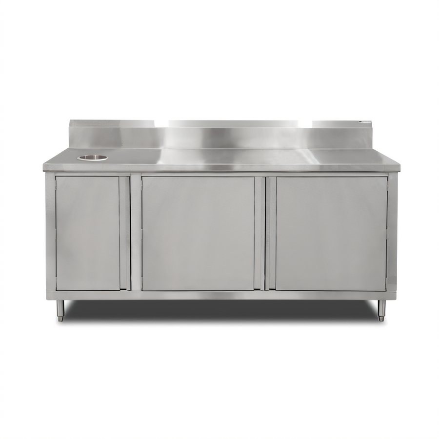 Product image #1 for John Boos Stainless Steel Beverage Unit Cabinet Base Work Table with Hinged Doors, 48 x 36 Inches, 5-Inch Backsplash, Left Trash Chute