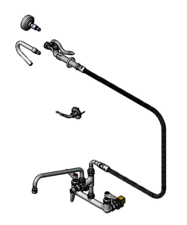 Product image #1 for T&S Brass Wall-Mount Pre-Rinse Mixing Faucet and Spray Assembly with 12-Inch Swing Nozzle, 60-Inch Hose, and 8-Inch Adjustable Centers