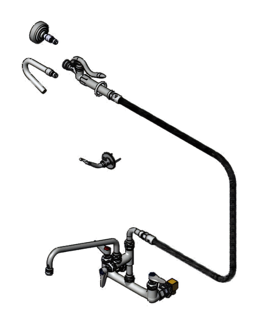 Product image #1 for T&S Brass Wall-Mount Pre-Rinse Mixing Faucet and Spray Assembly with 12-Inch Swing Nozzle, 60-Inch Hose, and 8-Inch Adjustable Centers