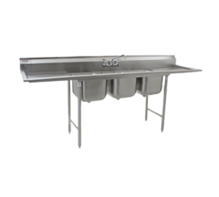 Product image #1 for Eagle Group 414 Series 102-Inch Wide Coved Corner Three-Compartment Sink with Dual 24-Inch Drainboards
