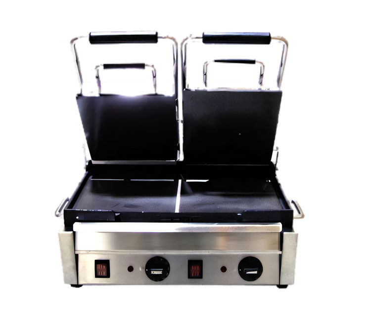 Product image #1 for Omcan Commercial Double Panini Grill with Smooth Top & Bottom Cast Iron Plates, 10 x 18 Inch Cooking Surface, 220V
