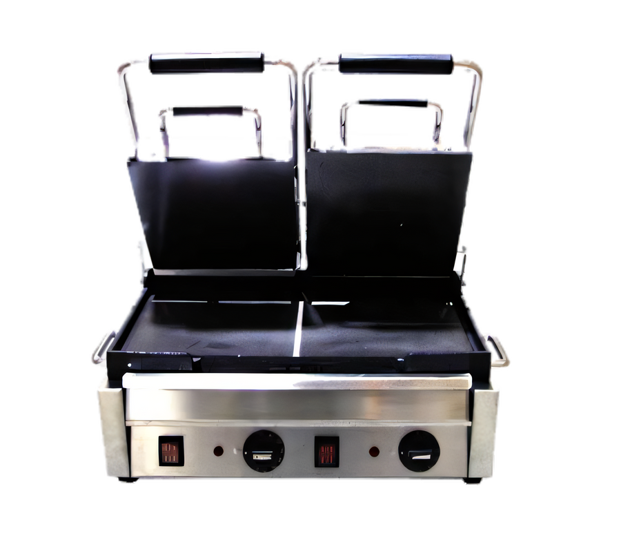 Product image #1 for Omcan Commercial Double Panini Grill with Smooth Top & Bottom Cast Iron Plates, 10 x 18 Inch Cooking Surface, 220V