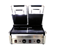 Omcan Commercial Double Panini Grill with Smooth Top & Bottom Cast Iron Plates, 10 x 18 Inch Cooking Surface, 220V