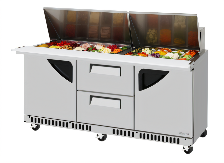 Product image #1 for Turbo Air Super Deluxe Three-Section Front Breathing Sandwich/Salad Mega Top Prep Table with 2 Drawers and 2 Doors, 72-5/8 Inch