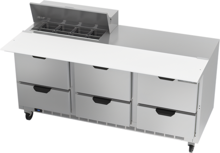 Product image #1 for Beverage-Air 72-Inch Three-Section Sandwich Prep Table Refrigerated Counter with 6 Drawers, 8-Pan Cut Top, and 17-Inch Cutting Board