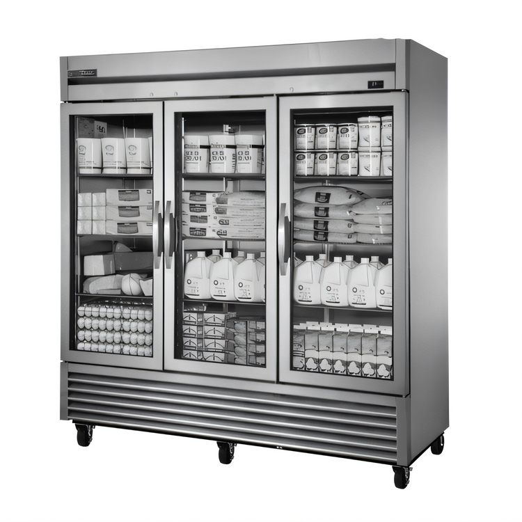 Product image #1 for True 3-Section Reach-In Refrigerator with 3 Framed Glass Doors, Stainless Steel, Bottom-Mounted Self-Contained Refrigeration