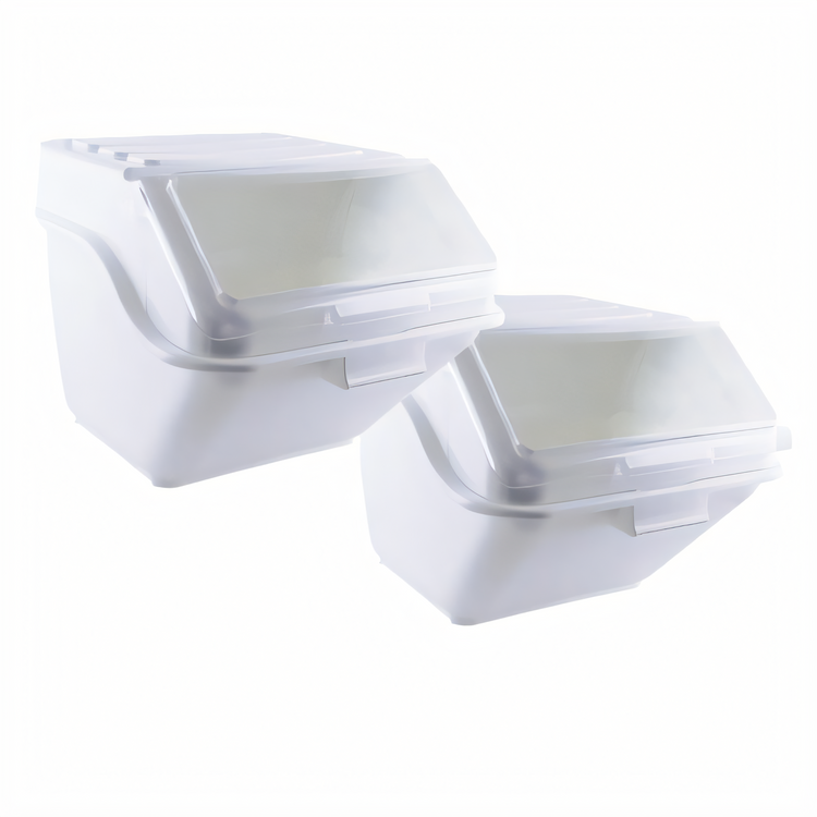 Product image #1 for Omcan Shelf Ingredient Bin Set of 2, 47.7 Liter Each, Food-Grade Plastic, White, Clear Hinged Cover with Scoops