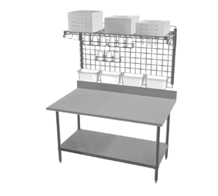 Product image #1 for Eagle Group Heavy-Duty Pizza Prep Area Work Table with 14-Gauge 304 Stainless Steel Top, Overshelf, and Wall Grid, 60W x 24D