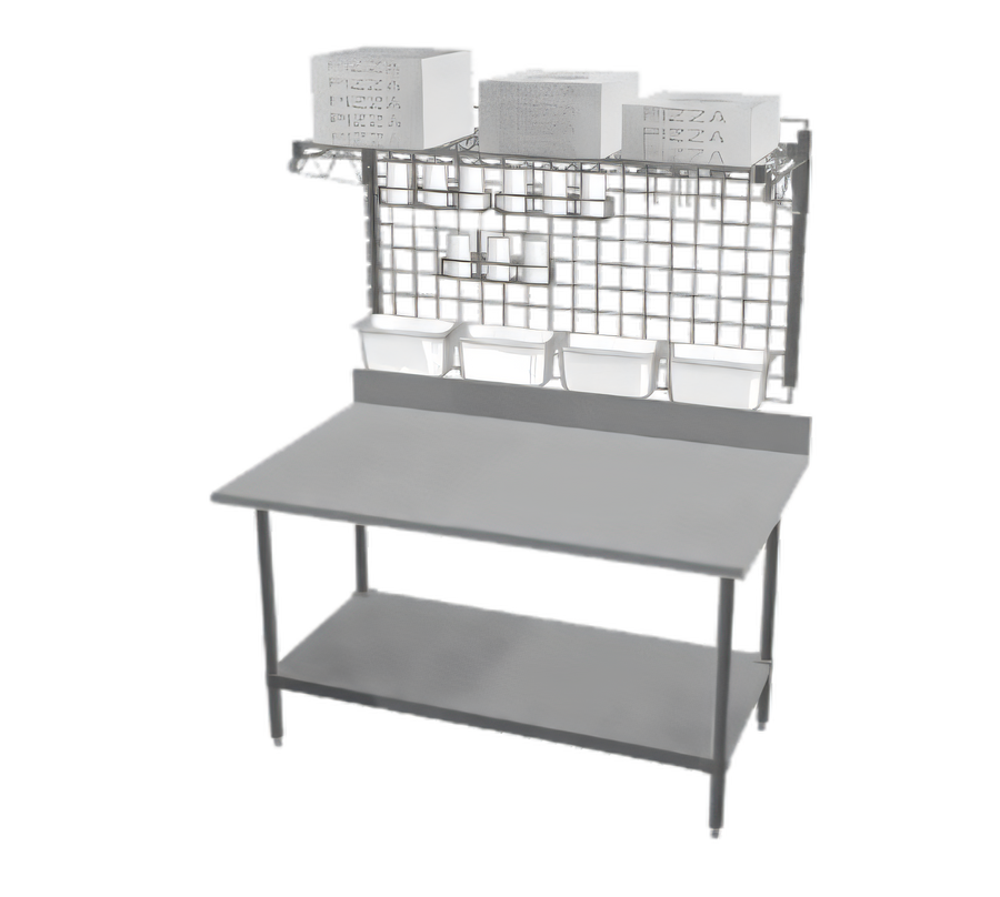Product image #1 for Eagle Group Heavy-Duty Pizza Prep Area Work Table with 14-Gauge 304 Stainless Steel Top, Overshelf, and Wall Grid, 60W x 24D