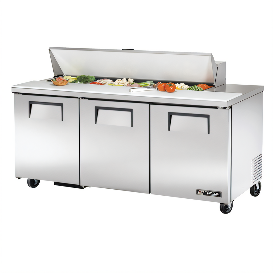 Product image #1 for True TSSU-72-16-HC 72-Inch 3-Door Solid Door Sandwich/Salad Prep Table with 16 1/6-Pan Capacity and Rear-Mounted Self-Contained Hydrocarbon Refrigeration