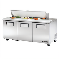 True TSSU-72-16-HC 72-Inch 3-Door Solid Door Sandwich/Salad Prep Table with 16 1/6-Pan Capacity and Rear-Mounted Self-Contained Hydrocarbon Refrigeration